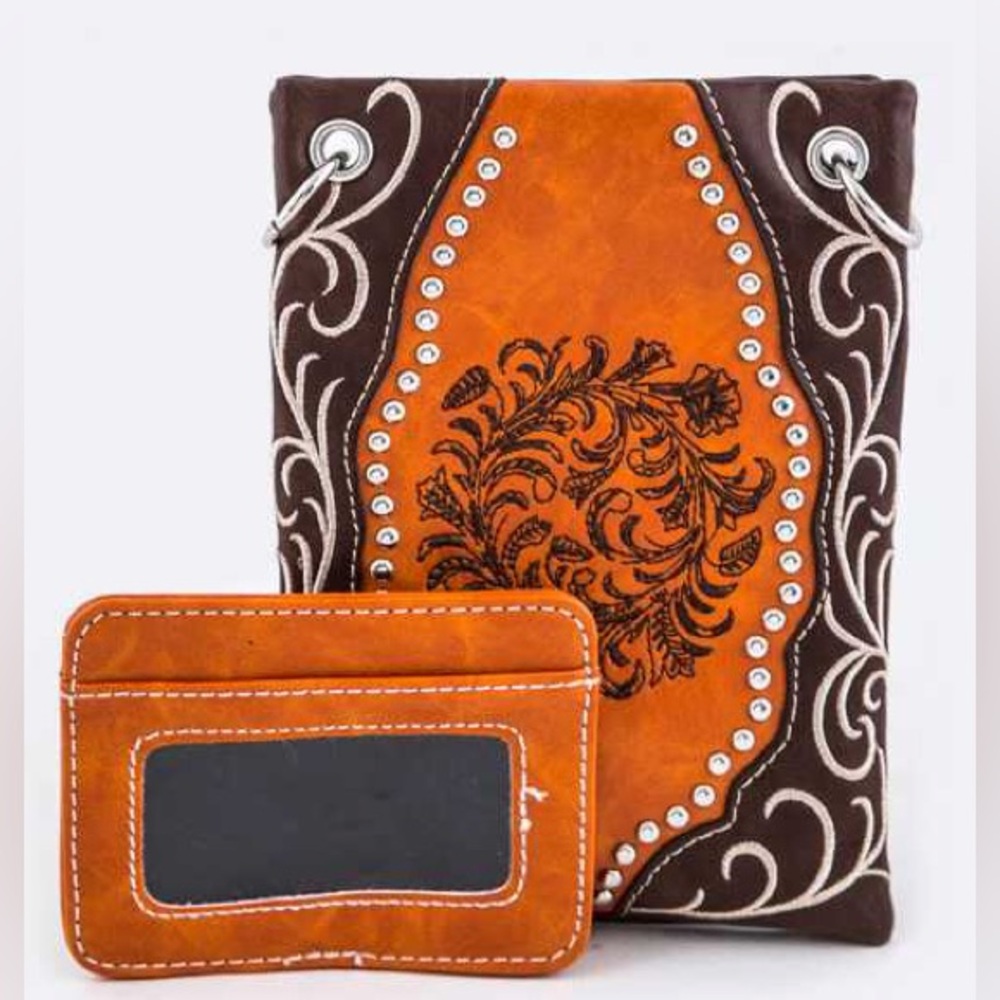 Dark Brown & Orange Mixed Beaded Western Crossbody Bag